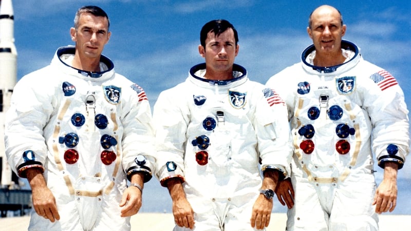 Eugene Cernan, John Young (centre) and Thomas Stafford at the Kennedy Space Centre in Florida, USA, on 13 May 1969