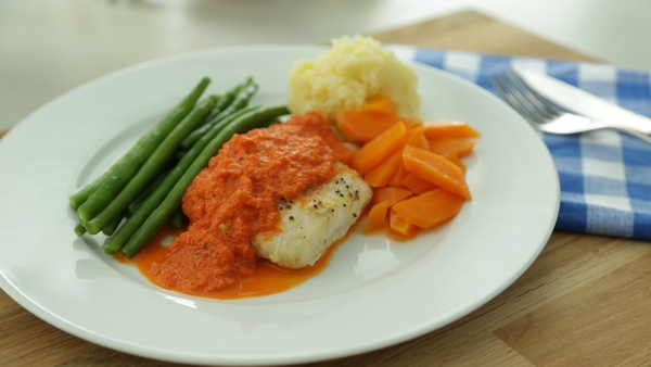 Hake with Roasted Red Pepper Sauce