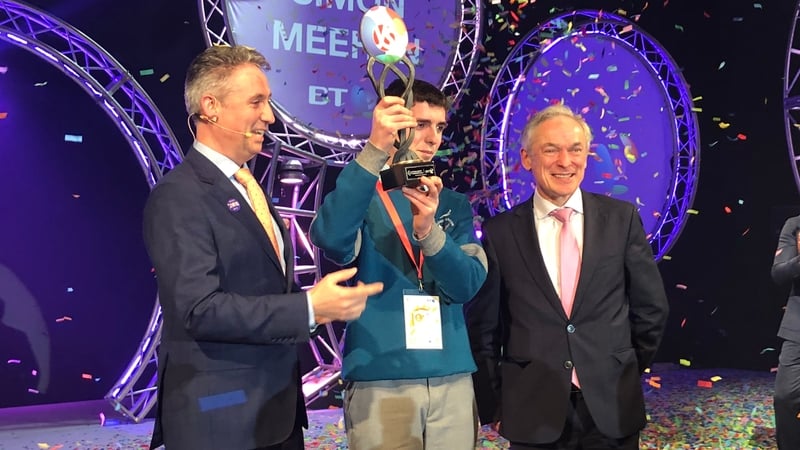 Simon Meehan from Coláiste Choilm in Ballincollig, Co Cork, pictured with Shay Walsh, Managing Director of BT Ireland (left) and Minister for Education Richard Bruton (right)
