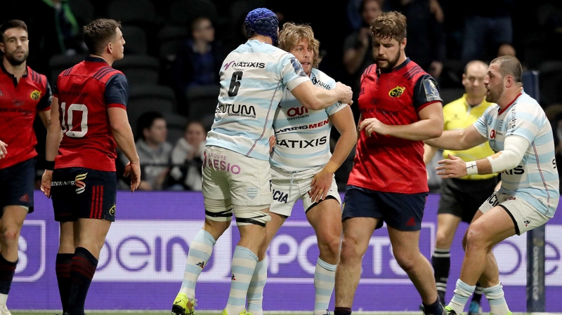 Racing's Dimitri Szarzewski celebrates his try