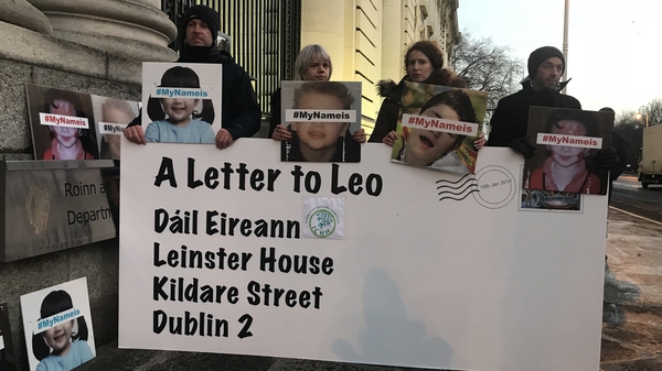 The MyNameIs group gathered outside Government Buildings