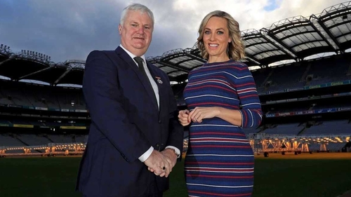 Aogán Ó Fearghail and Kathryn Thomas at the launch of 'Ireland Lights Up' in Croke Park