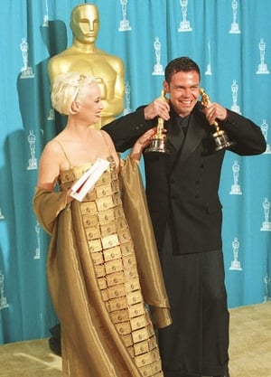 Lizzy Gardiner in a dress made of American Express Credit Cards in 1995.