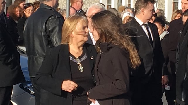 Dolores O'Riordan's mother Eileen and daughter Dakota outside Ballybricken church after the funeral mass