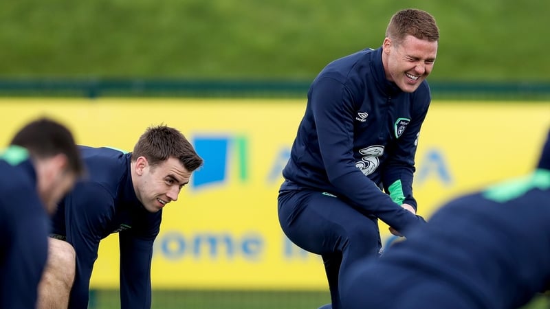 Coleman and McCarthy share a joke at Ireland training
