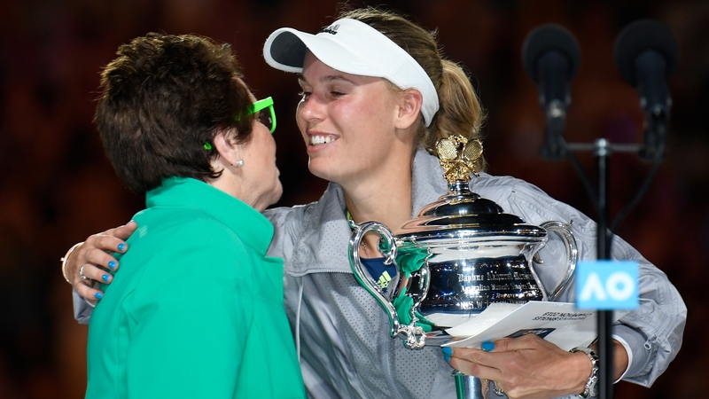 Tennis legend Billie Jean King presented the trophy to Wozniacki