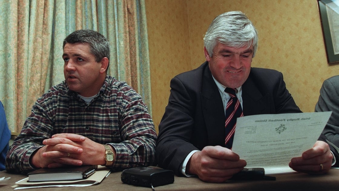 Warren Gatland, alongside Pat Whelan, at his unveiling as Irish coach in February 1998.
