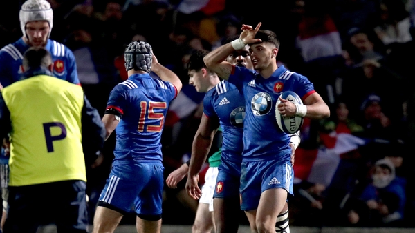 Romain Ntamack celebrates scoring a try against Ireland U20s last year