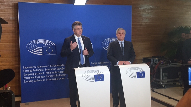 Croatian leader Andrej Plenkovic (L) and EU Parliament President Antonio Tajani