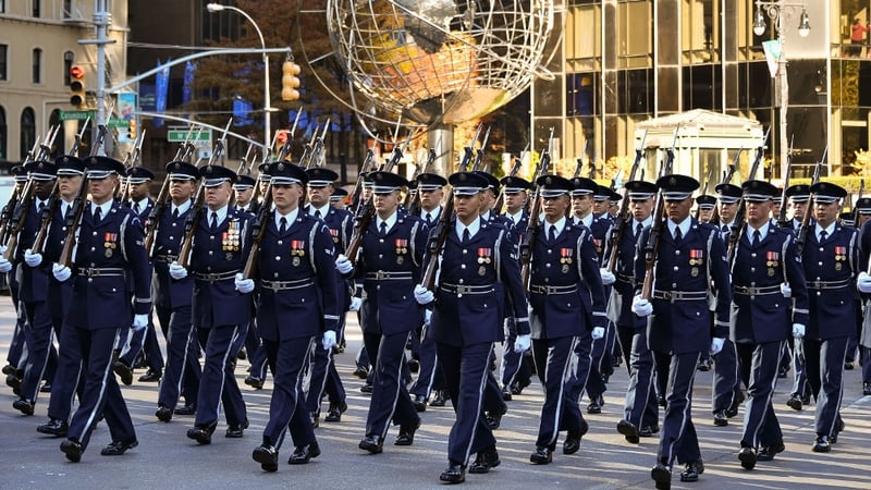 Members of the US Air Force march in the 91st Annual Macy's Thanksgiving Day Parade in November 2017 in New York