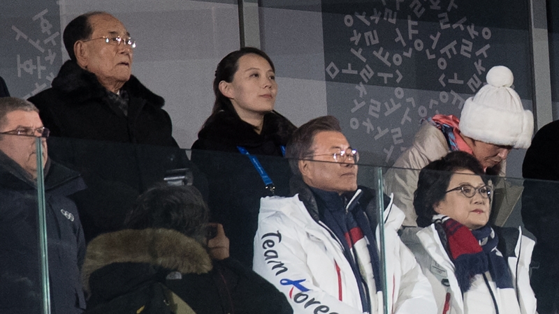 Kim Yo-jong (back row, right) and South Korean president Moon Jae-in (front row centre) a the opening ceremony of the Winter Olympics
