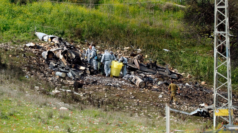 The remains of the F-16 jet that crashed in northern Israel