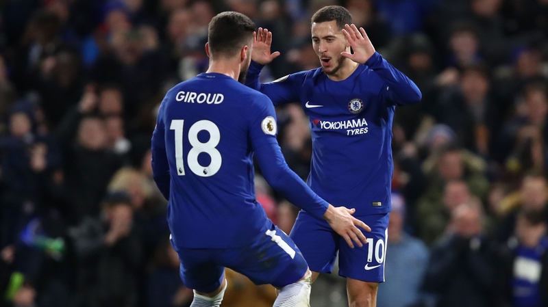 Eden Hazard celebrates with new Chelsea player Olivier Giroud