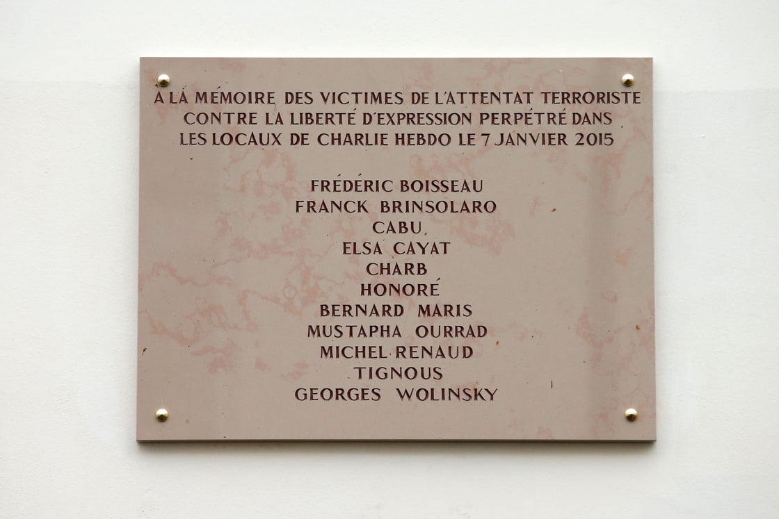 A commemorative plaque outside the former offices of French weekly satirical newspaper Charlie Hebdo