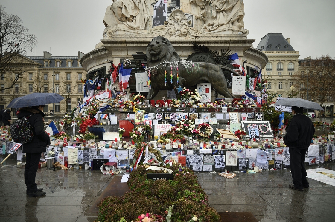 A makeshift memorial for the victims of Paris attacks at the Place de la Republique in Paris