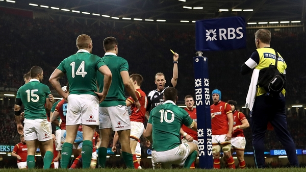 Johnny Sexston is yellow carded by Wayne Barnes in last year's Six Nations clash with Wales. Glen Jackson will referee this year's encounter at the Aviva Satdium