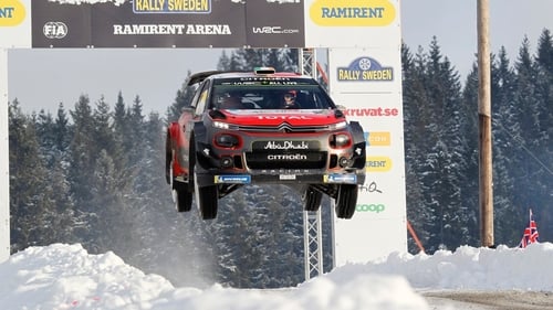 Craig Breen takes a jump at Rally Sweden