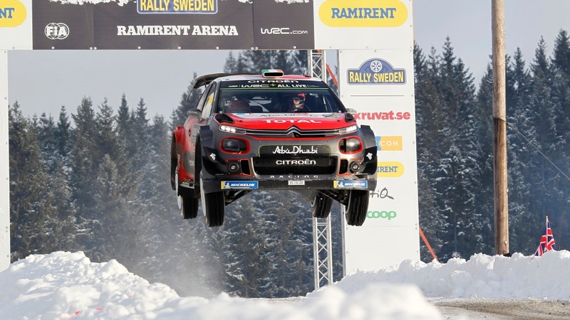 Craig Breen takes a jump at Rally Sweden