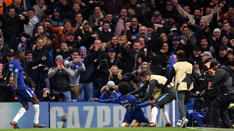 Willian celebrates his goal against Barcelona at Stamford Bridge