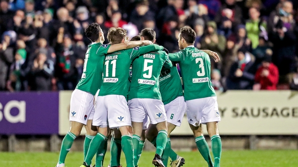 Cork City players celebrating Gearoid Morrissey's goal.