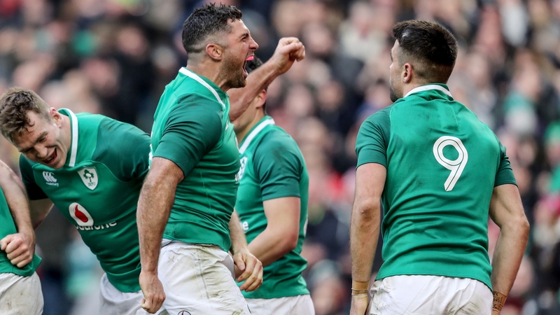 Rob Kearney and Conor Murray celebrate the victory over Wales that made it three wins from three in the competition