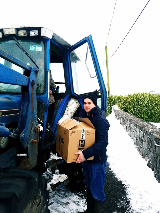 Special delivery of a wedding cake in the snow - Paddy O'Shaughnessy and Pete Manvell in Roscommon