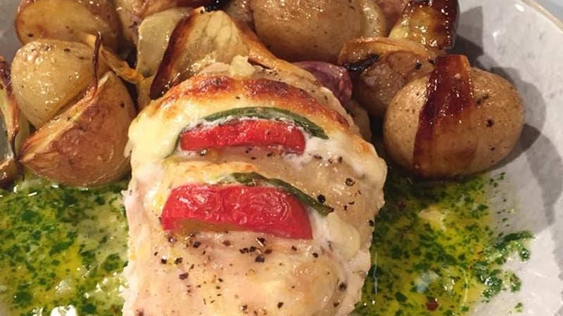 Karen Coakley's Baked Chicken Caprese with Hazelnut and Coolea Pesto.