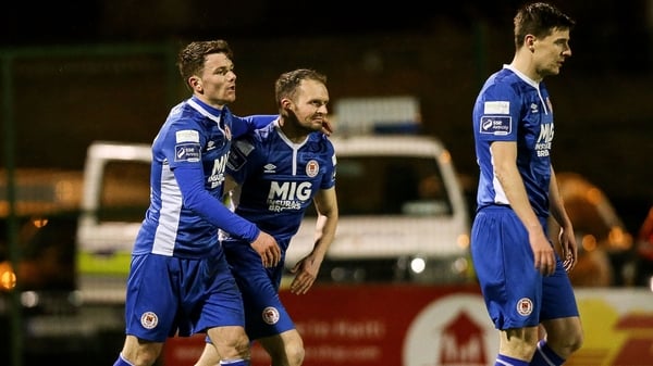 Dean Clarke and Conan Byrne celebrate the only goal as Pat's beat Bohs in Dalymount Park