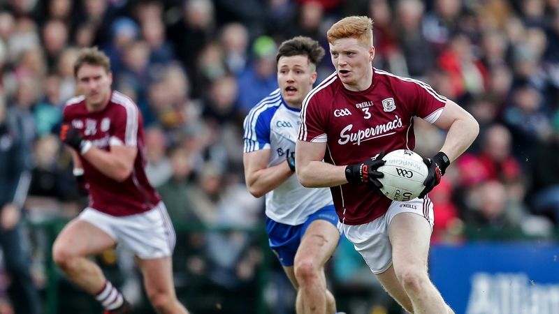 Sean Andy O Ceaillaigh driving Galway forward in their victory over Monaghan
