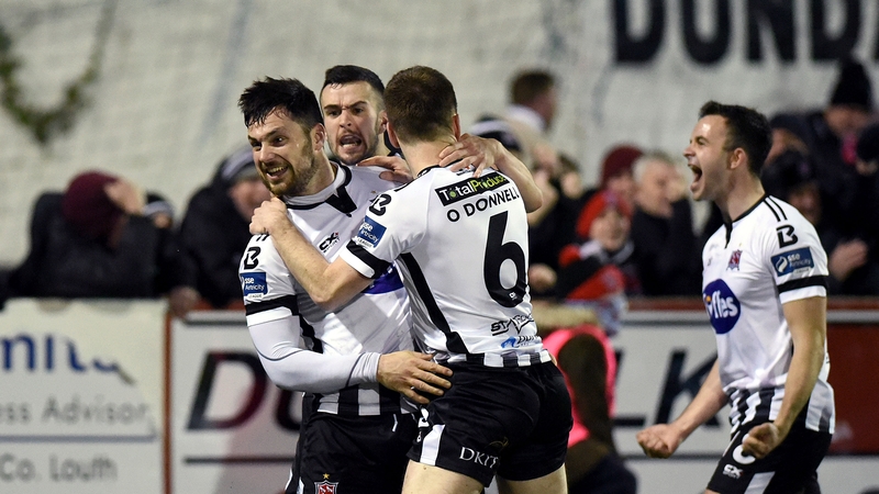 Dundalk players celebrate their late winner