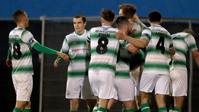 Rovers players celebrate after taking the lead against Pat's