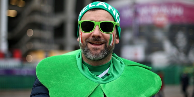 An Irish fan in Twickenham gets ready for the Six Nations Championship final match as Ireland hope for a Grand Slam