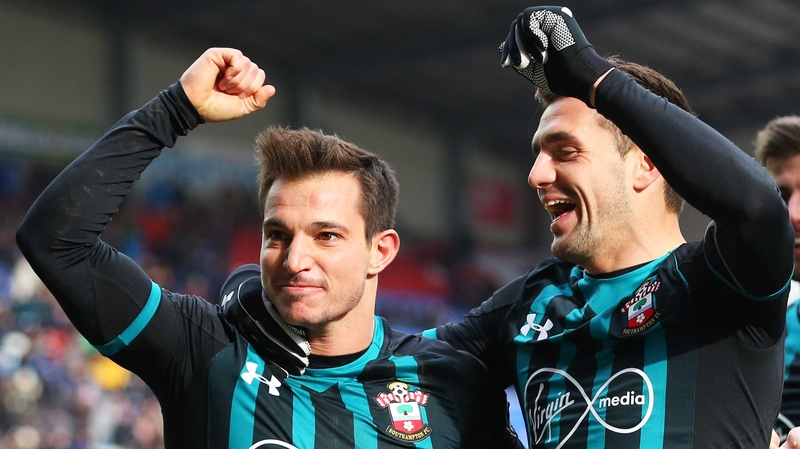 Cedric Soares of Southampton (L) celebrates with Dusan Tadic