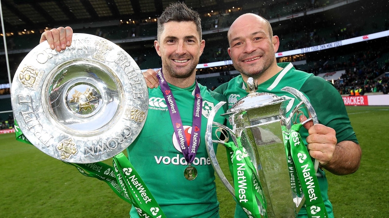 Rob Kearney and Rory Best with the 2018 Six Nations and Triple Crown trophies