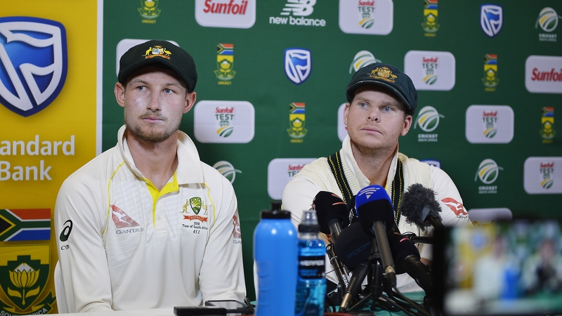 Australia's ex-captain Steve Smith (right) and Cameron Bancroft face media after scandal