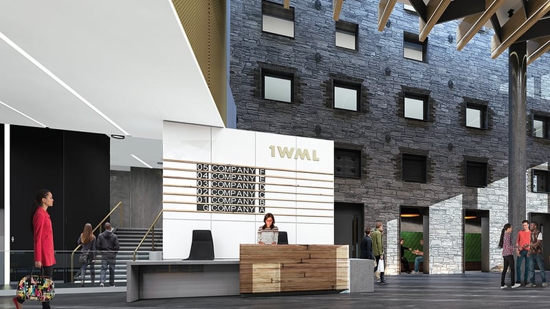 The atrium at the 1WML building in Dublin's South Docks
