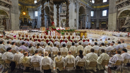 Pope Francis leads the Chrism Mass for Holy Thursday, which marks the start of Easter celebrations, in St Peter's Basilica