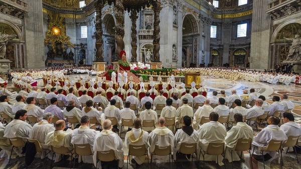 Pope Francis leads the Chrism Mass for Holy Thursday, which marks the start of Easter celebrations, in St Peter's Basilica
