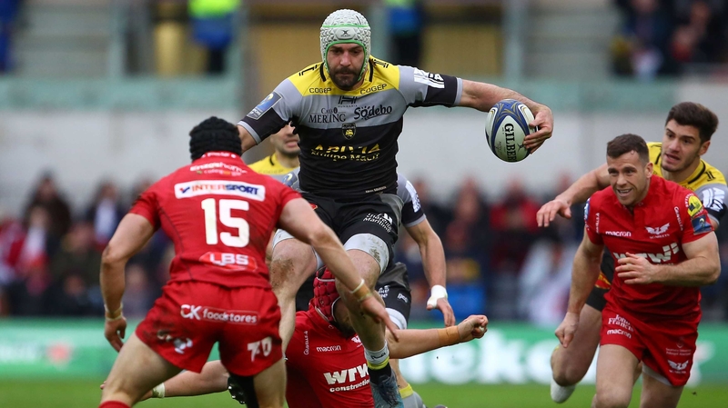 La Rochelle's French Kevin Gourdon is tackled during Good Friday's quarter-final
