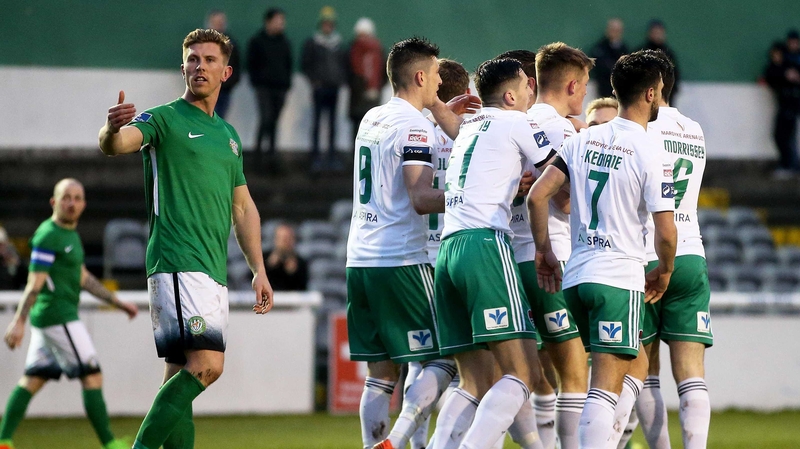 Cork City players celebrate Sean McLoughlin's goal