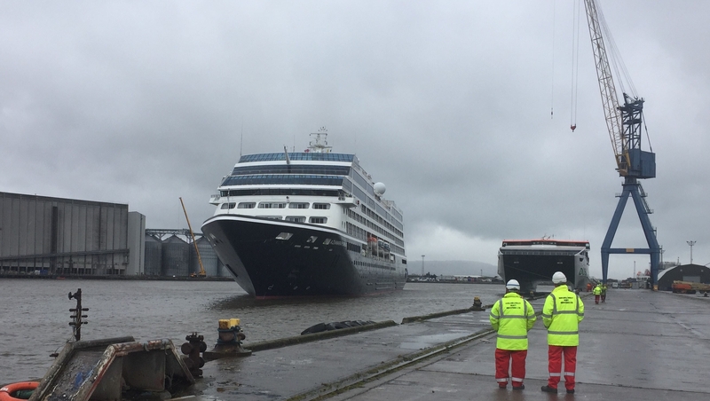 The Azamara Pursuit docked at Harland and Wolff shipyards