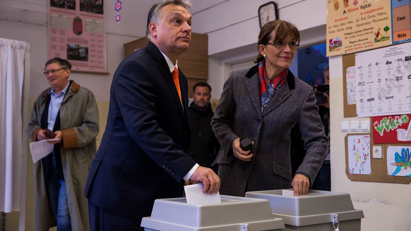 Viktor Orban casting his vote with his wife Aniko Levai this morning