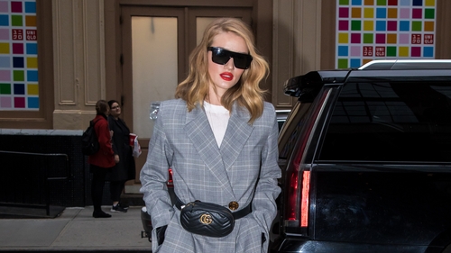 Rosie Huntington-Whiteley is seen arriving at her hotel on March 28, 2018 in New York, New York.