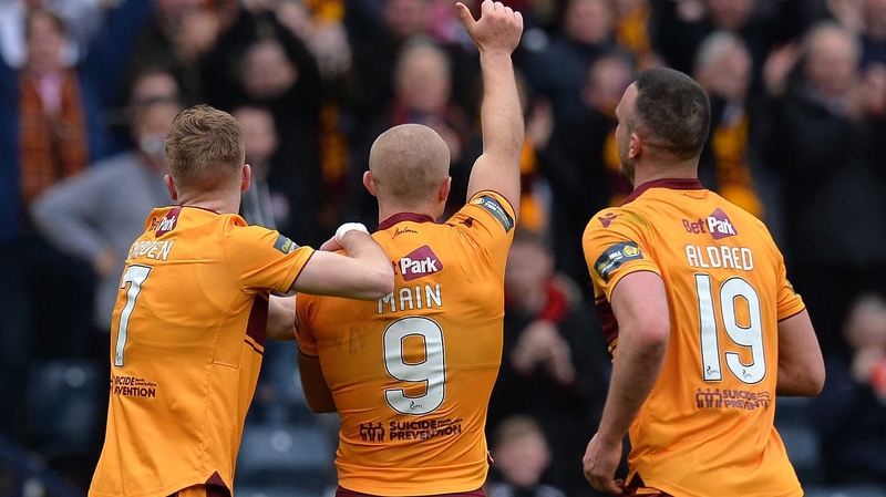 Curtis Main of Motherwell (C) celebrates scoring his second goal of the game