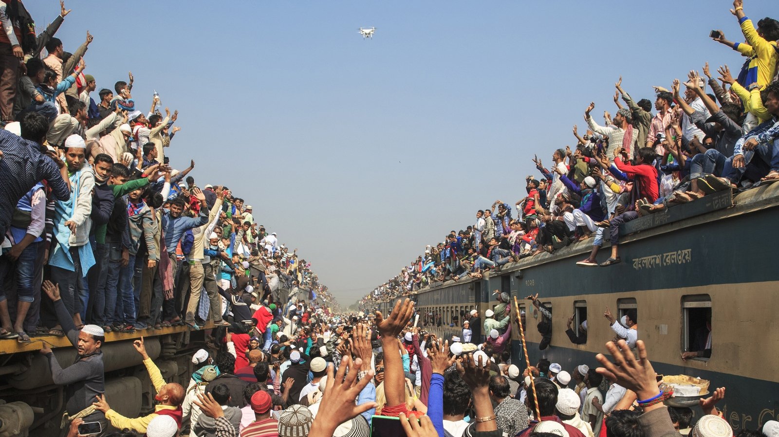 Muslims returning home after the Biswa Ijtema on an overcrowded train.