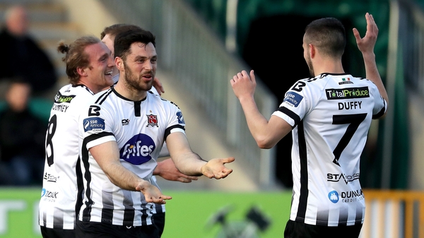 Patrick Hoban celebrates scoring Dundalk's second goal in their 3-0 win at Markets Field