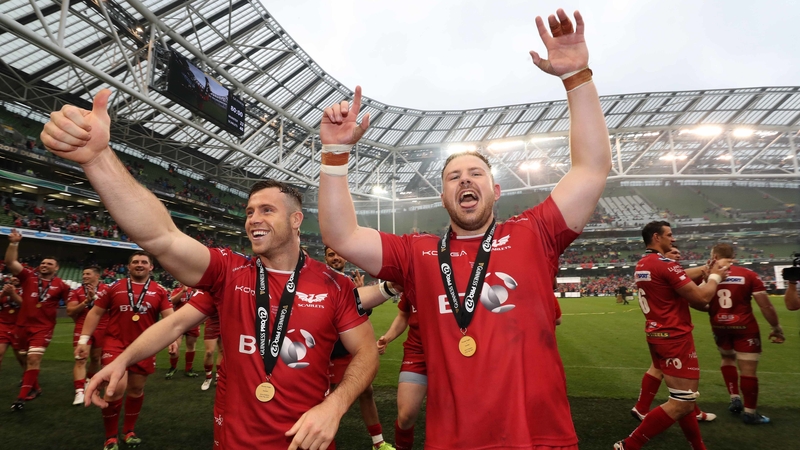Gareth Davies and Rob Evans celebrate last year's Guinness Pro12 win
