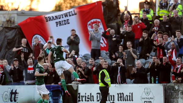 Derry City's Aaron McEneff celebrates after converting his first-half penalty