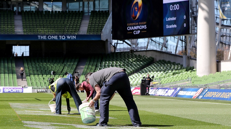 The Aviva Stadium pitch is manicured ahead of kick-off