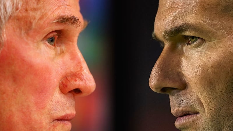 Bayern Munich manager, Jupp Heynckes (L) and Zinedine Zidane, manager of Real Madrid